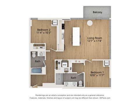 Floor plan for 2 beds, 2 baths, 1014 sqft
